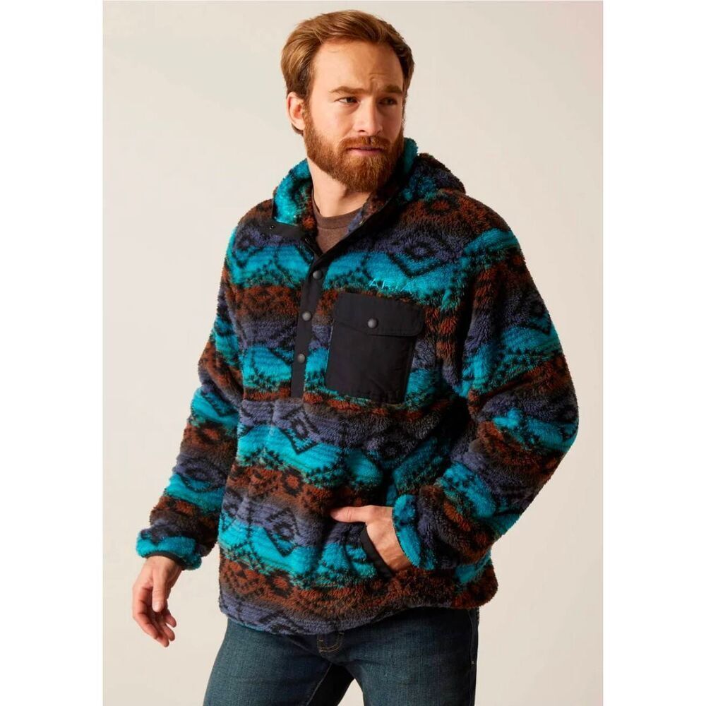Ariat Men's Polar Bear Fleece Hoodie Enamel Blue Serape Small